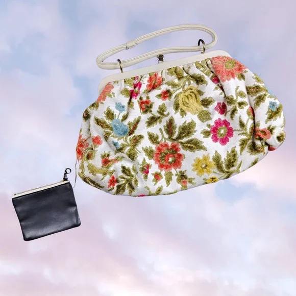 Vtg 60s Colorful White Red Yellow Blue Green Retro Tapestry Floral Hand Bag - Picture 2 of 8